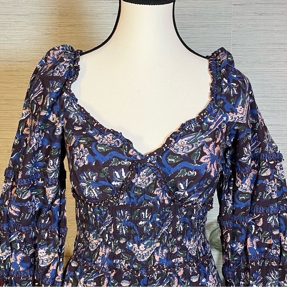Sea New York Noah Floral Bird Print Smocked Long Sleeve Midi Dress Sz 4 Cotton - Picture 4 of 9